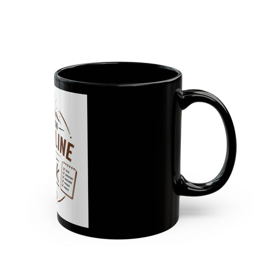 Black mug with a white label on a white background