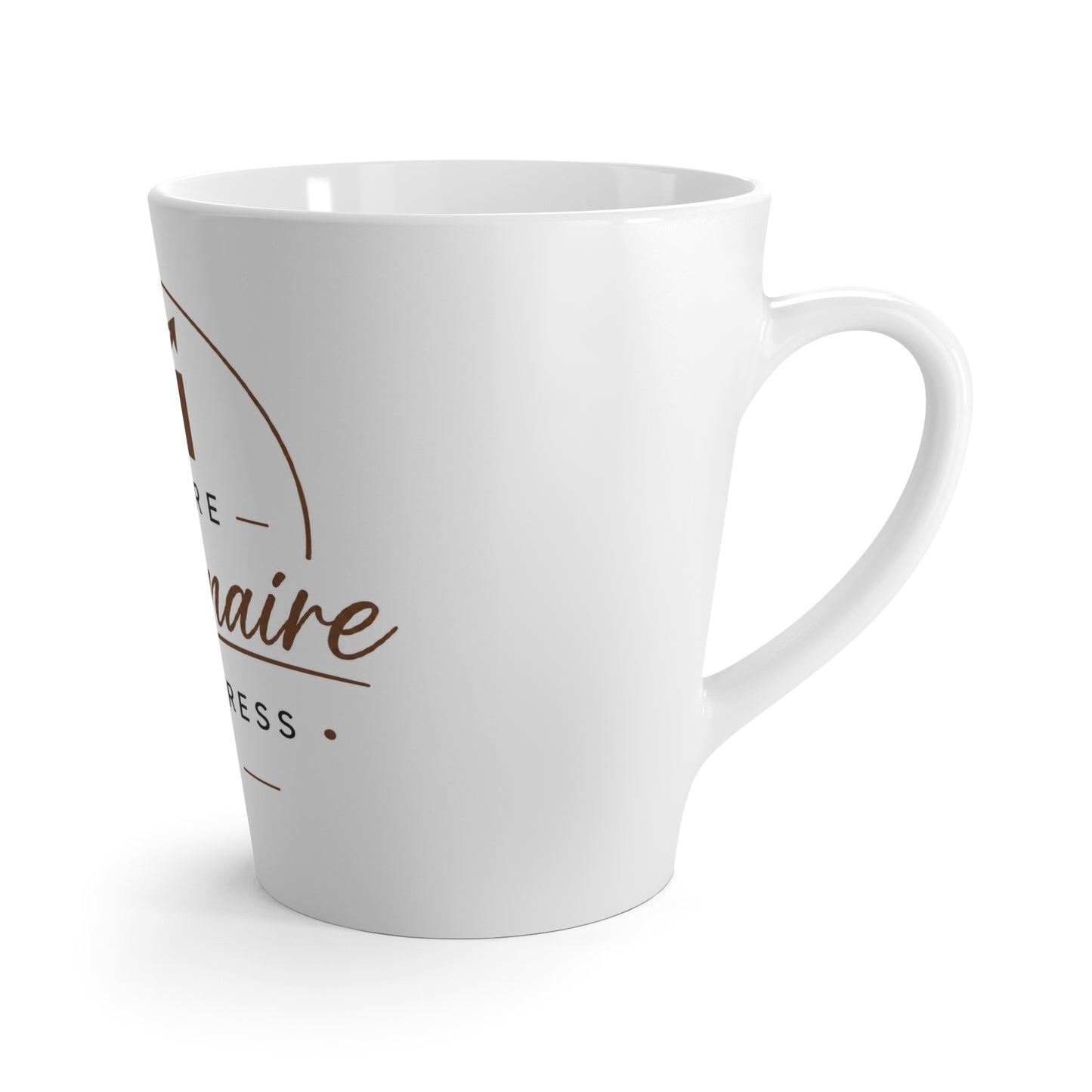 Right side view of motivational white latte mug featuring Future Millionaire in Progress business themed design