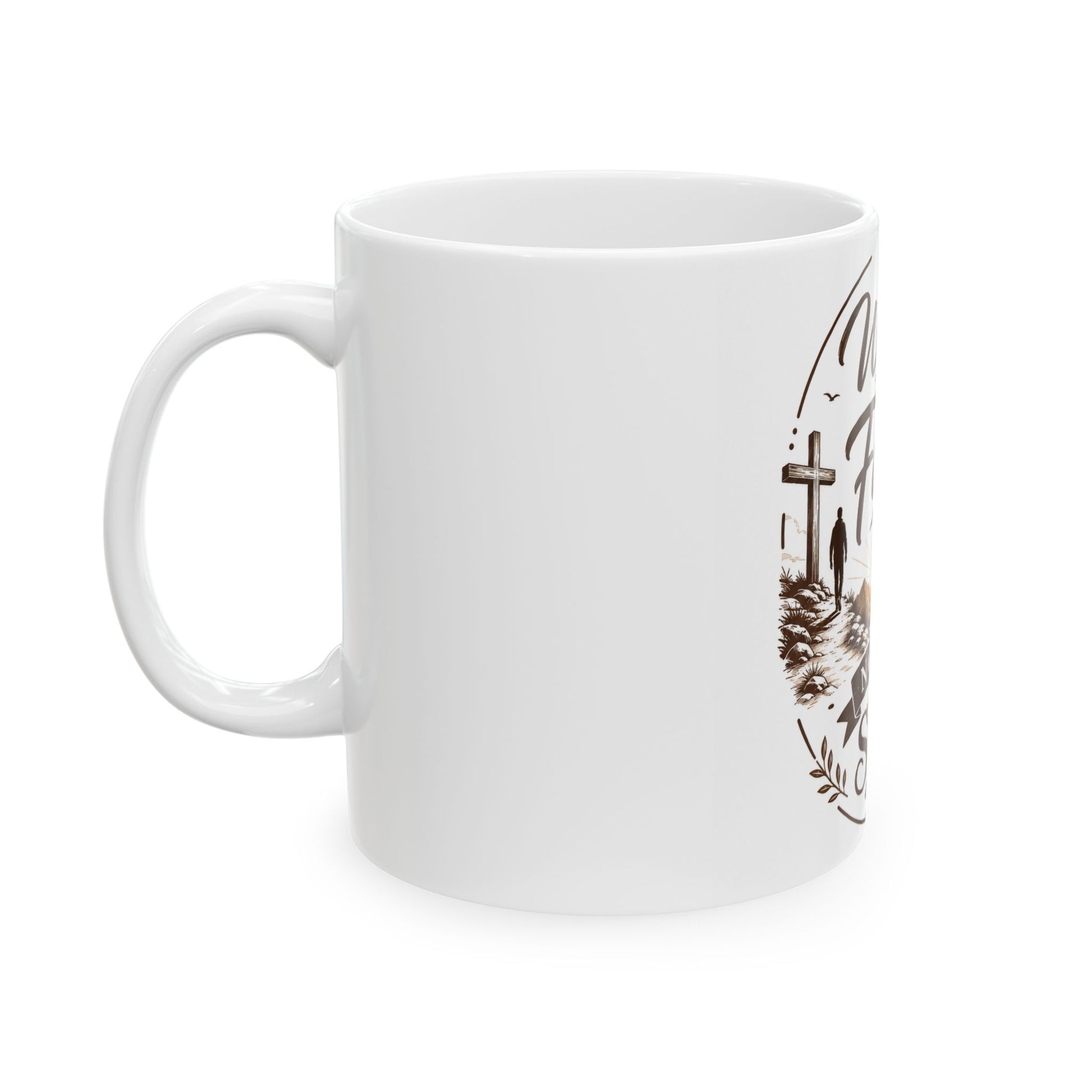 White mug with a decorative design on a white background