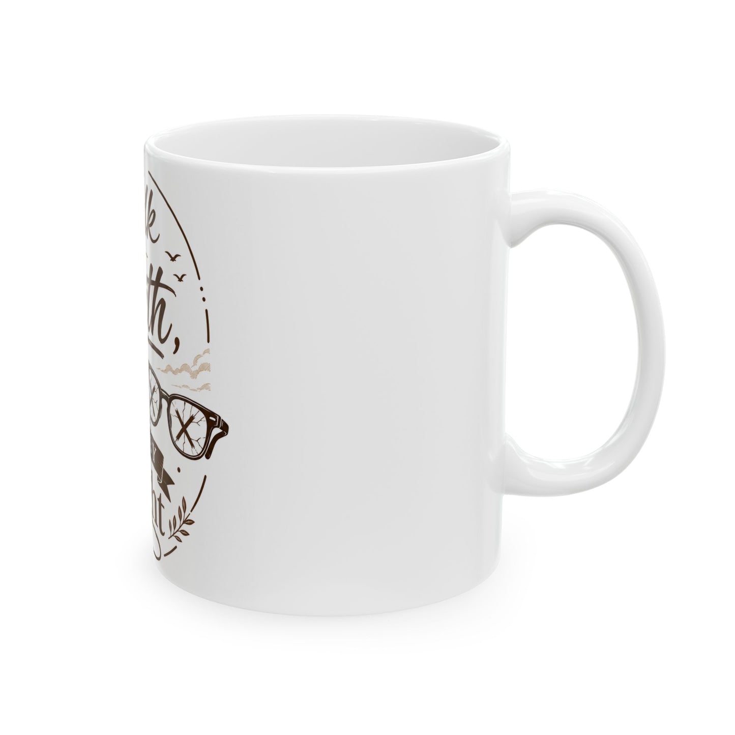 White mug with brown decorative elements on a white background