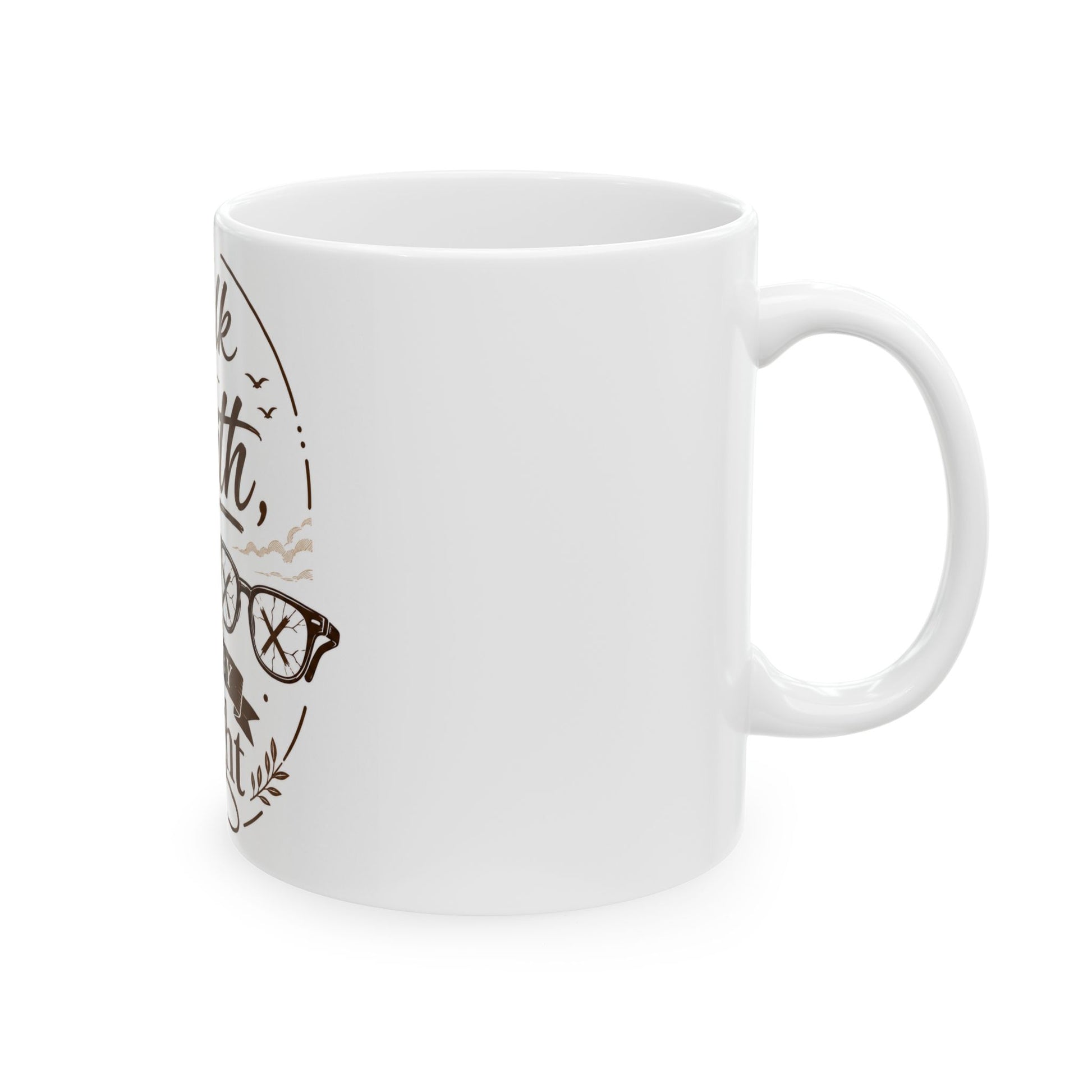 White mug with brown decorative elements on a white background