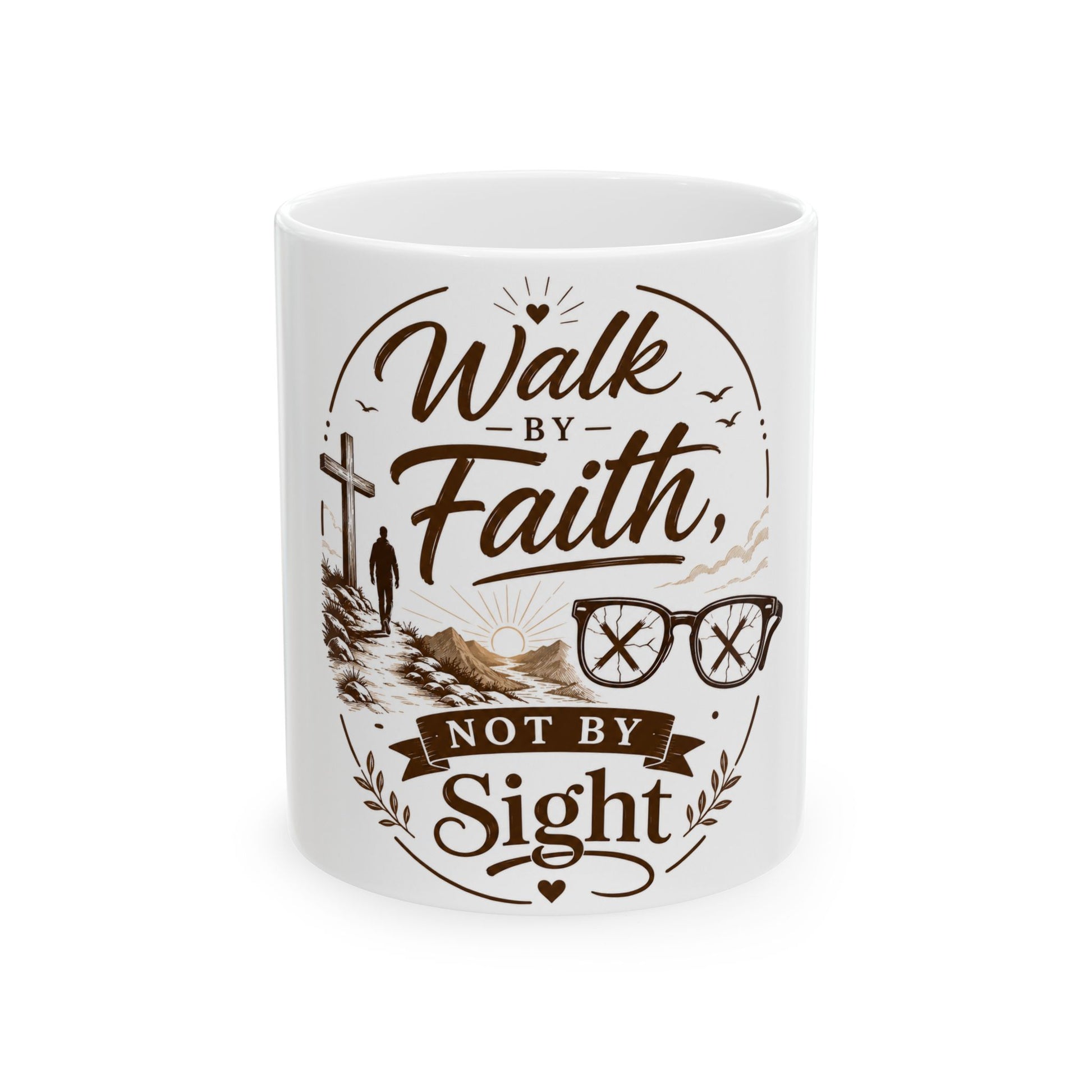 White mug with brown text and graphics on a white background
