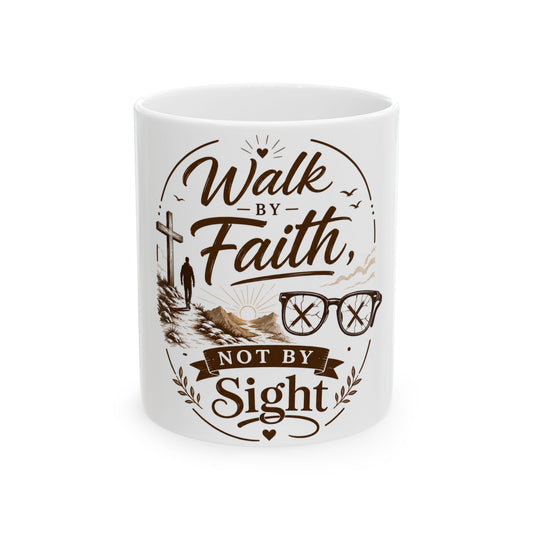 White mug with brown text and graphics on a white background