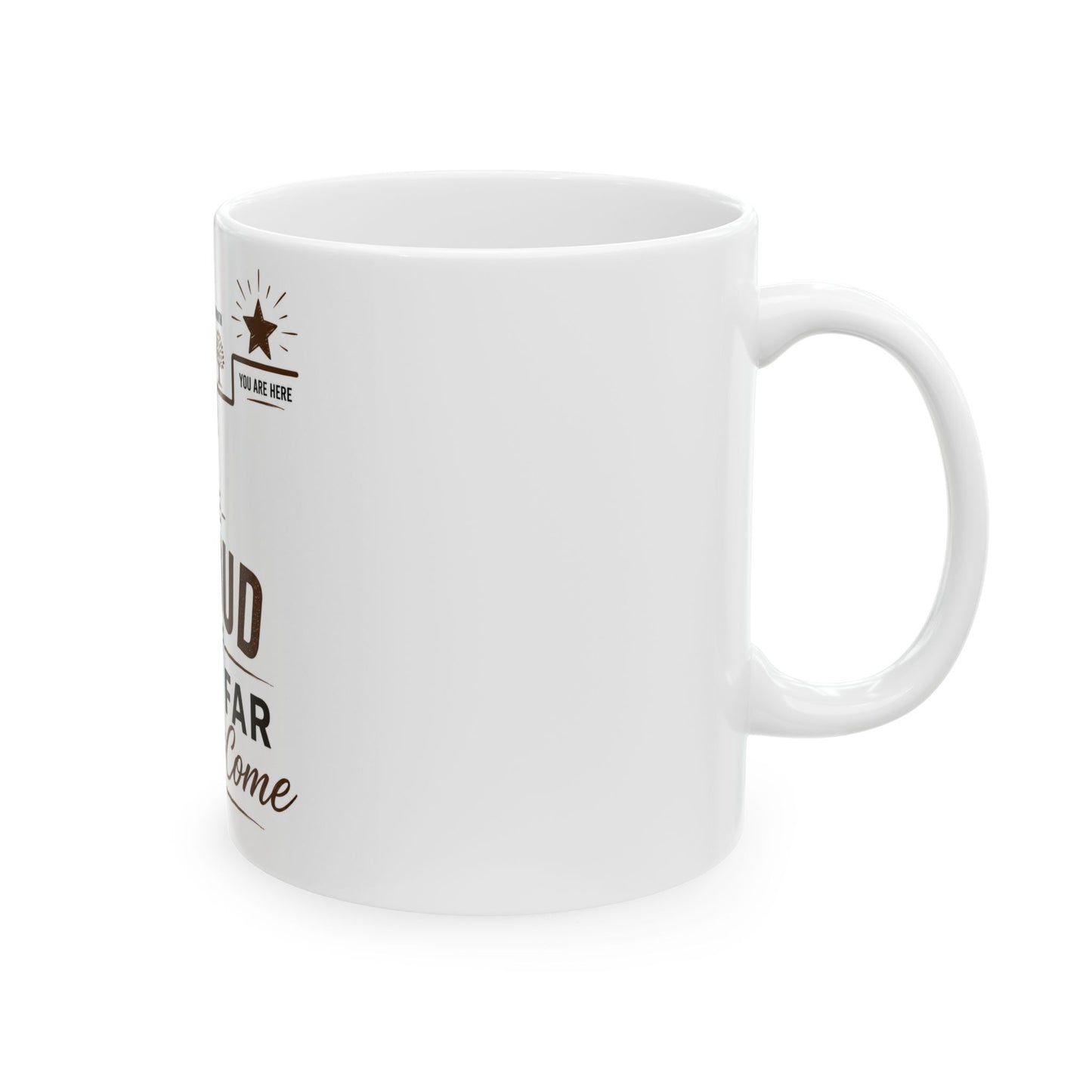 White mug with text and star design on a white background