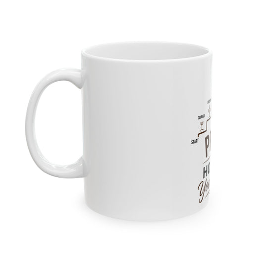 White mug with text design on a white background