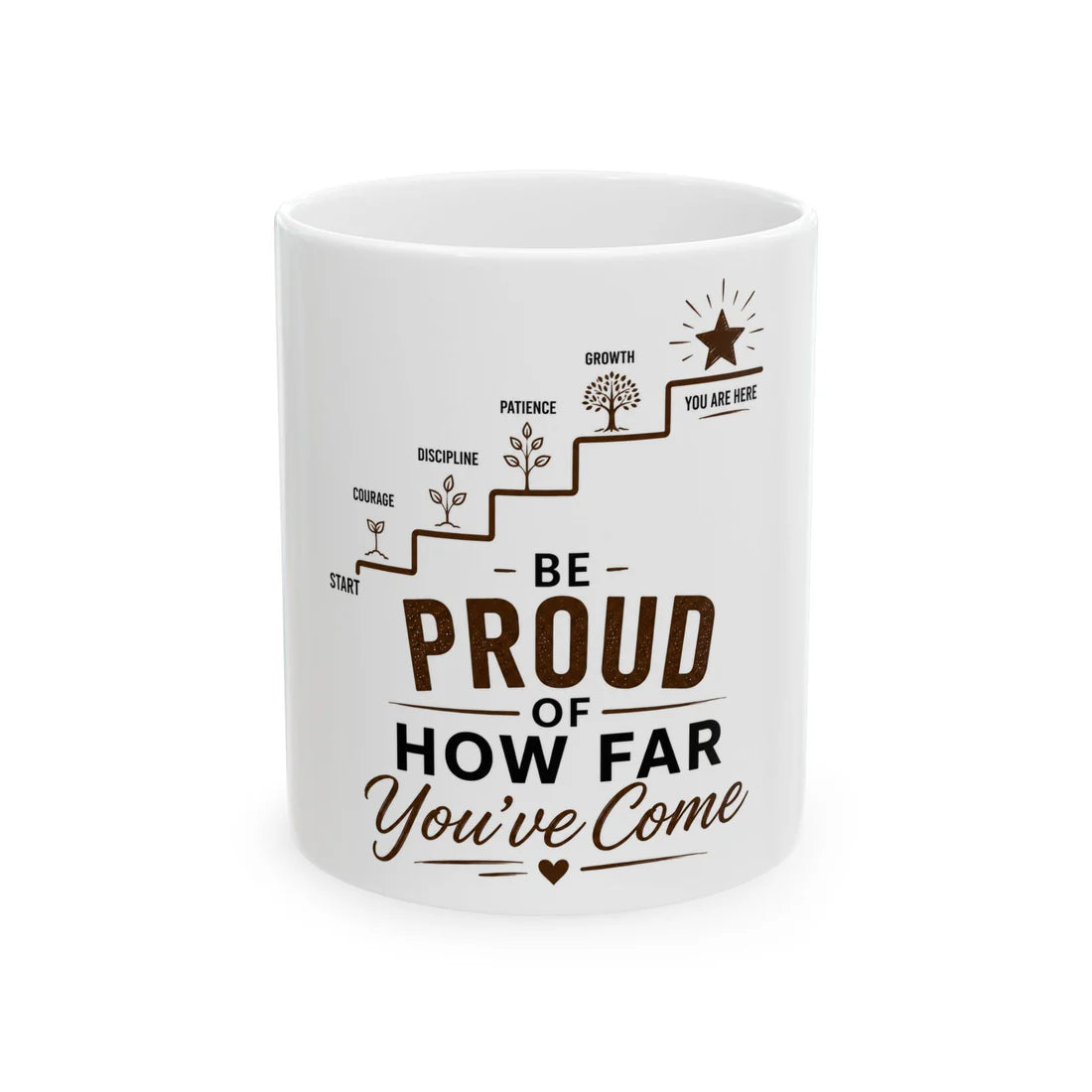 White ceramic coffee mug featuring Be Proud Of How Far You've Come inspirational typography design