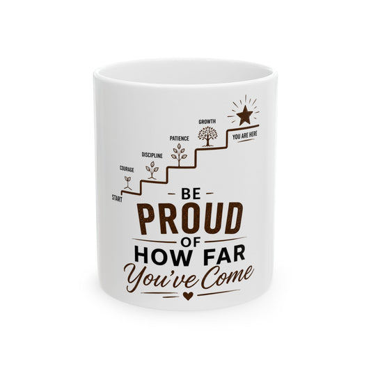 White mug with motivational quote and design on a white background