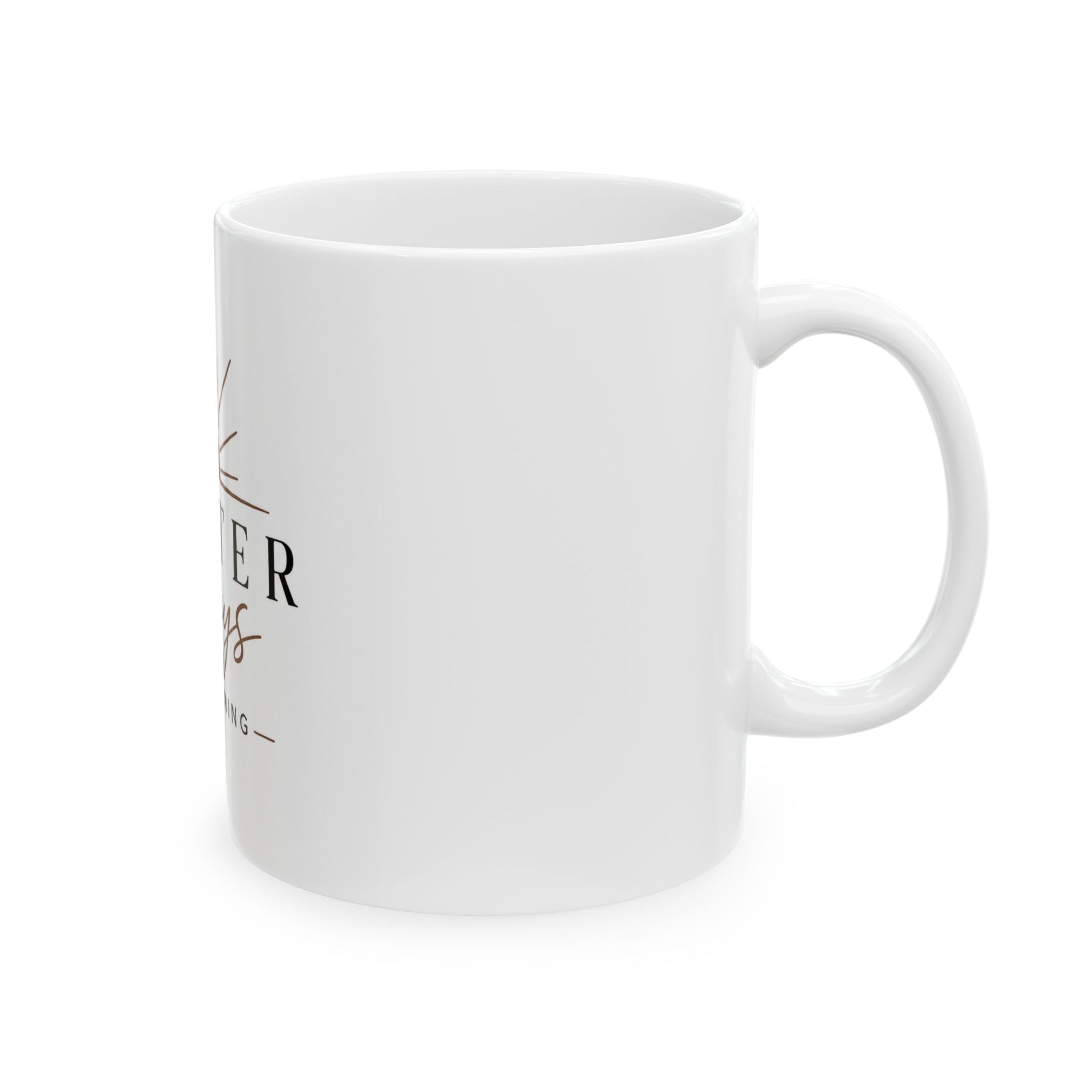 Right side view of inspirational white ceramic mug with Better Days Are Coming sunrise and heart design