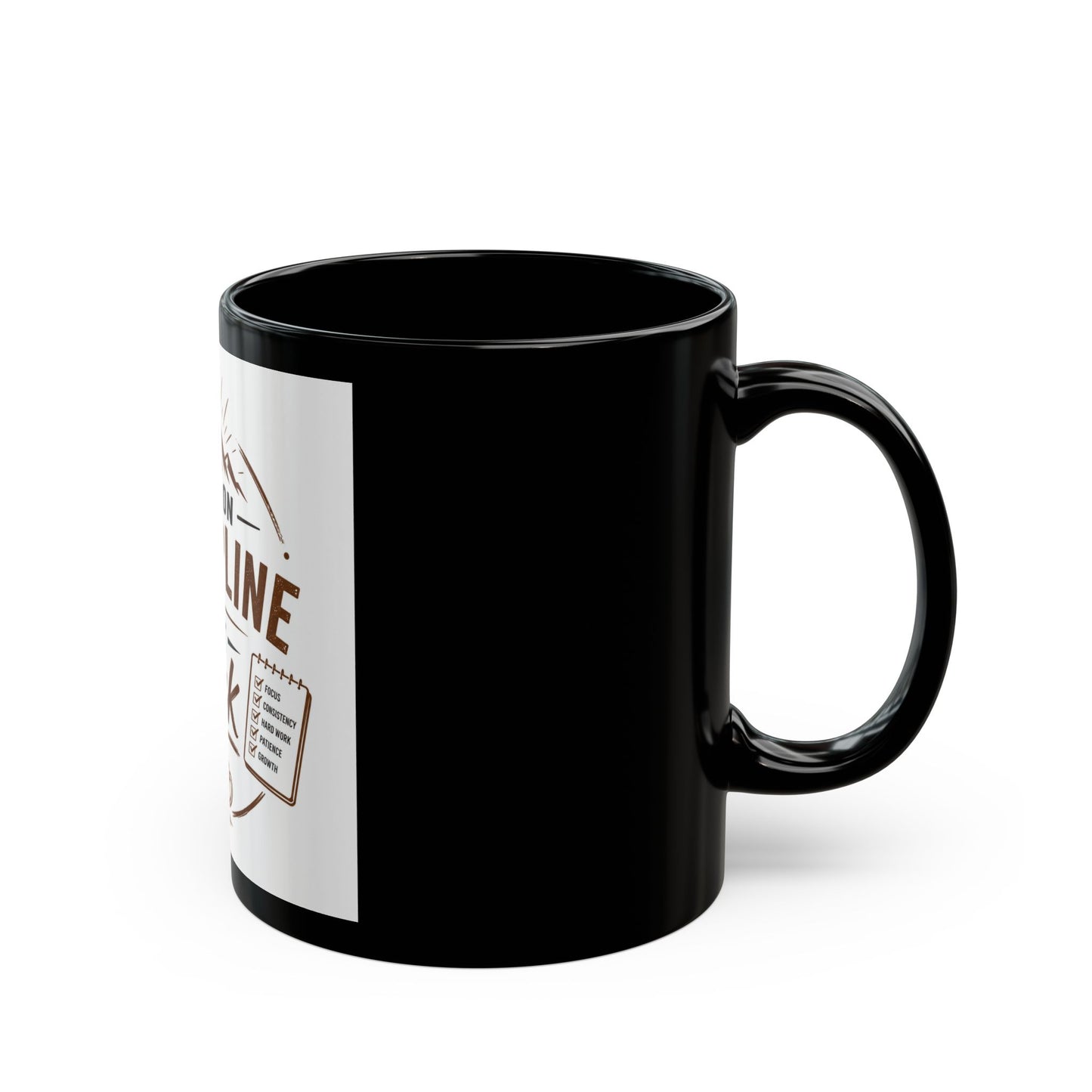 Black mug with a white label on a white background
