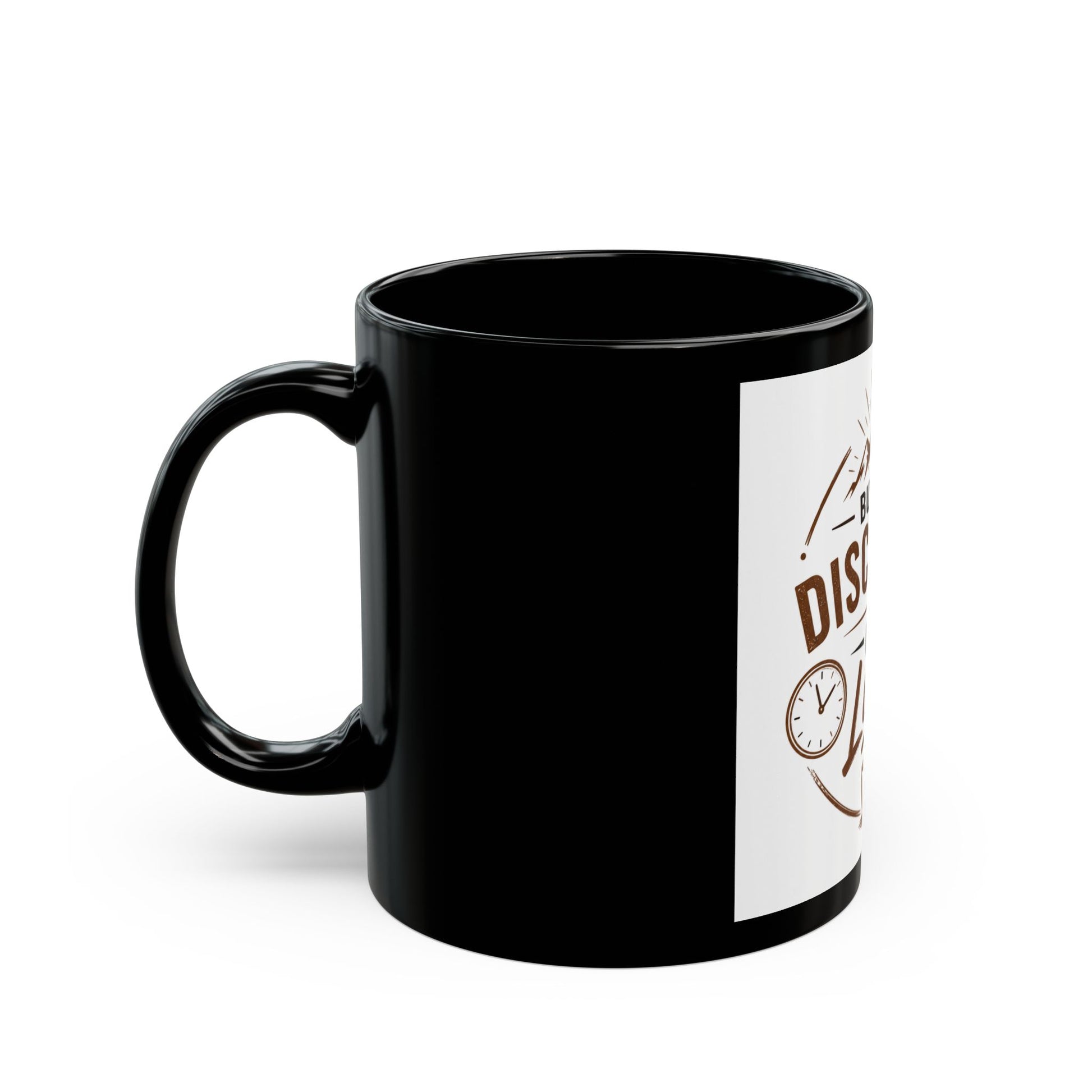 Black mug with a white label featuring text and a clock icon on a white background