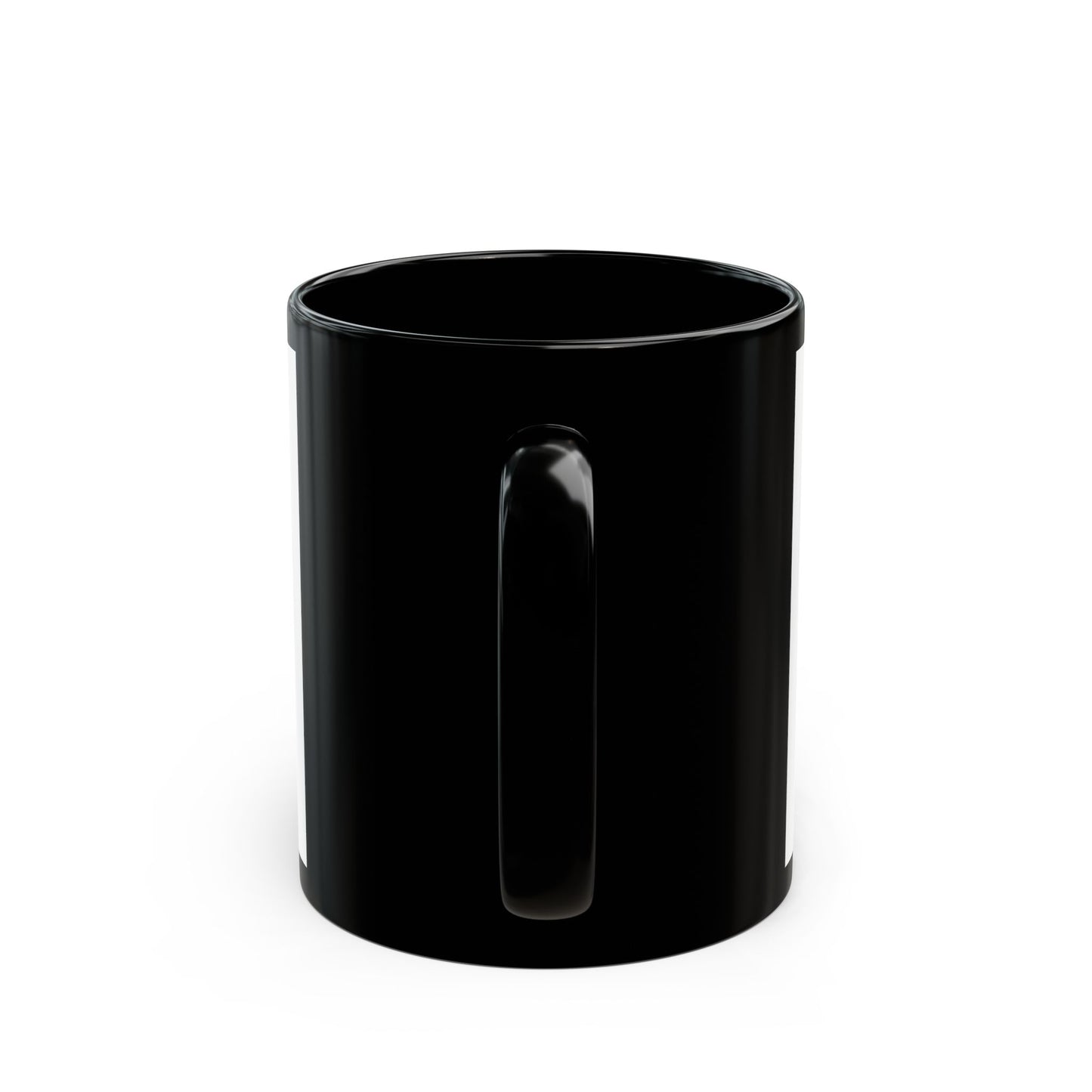 Back view of Coffee First Opinions Later black ceramic mug with clean glossy finish