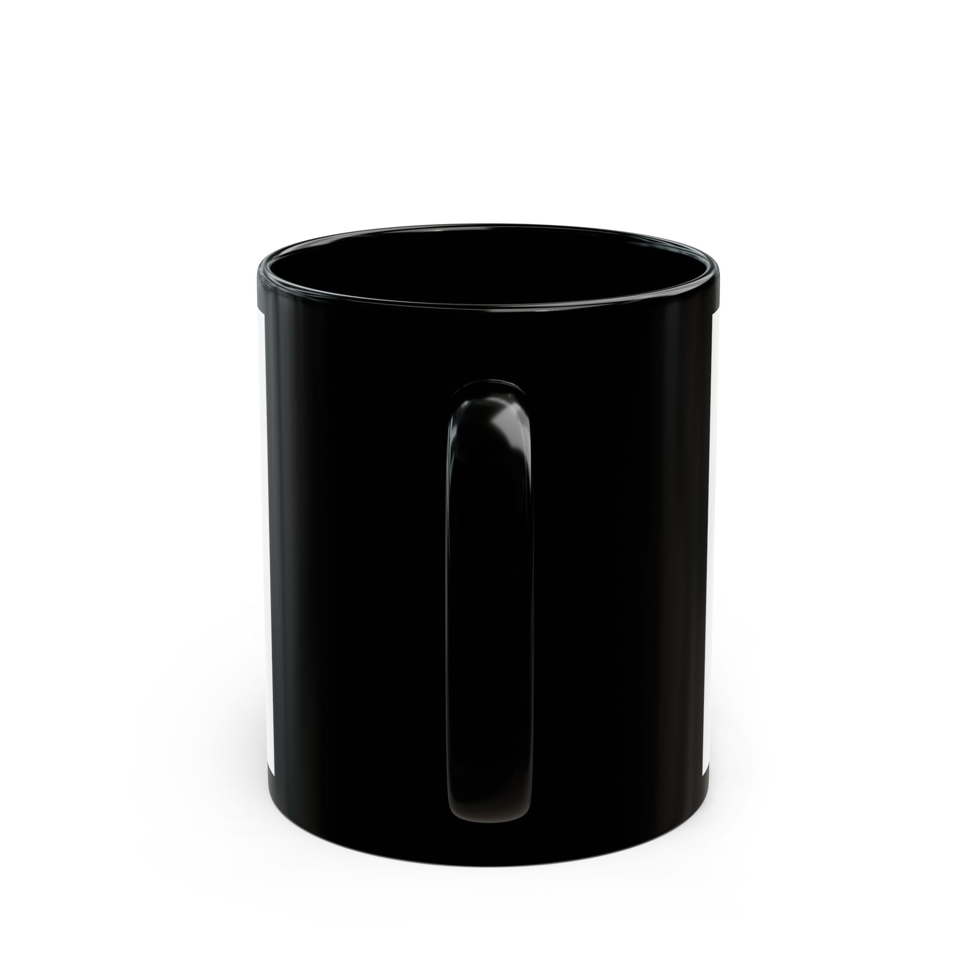 Back view of Coffee First Opinions Later black ceramic mug with clean glossy finish