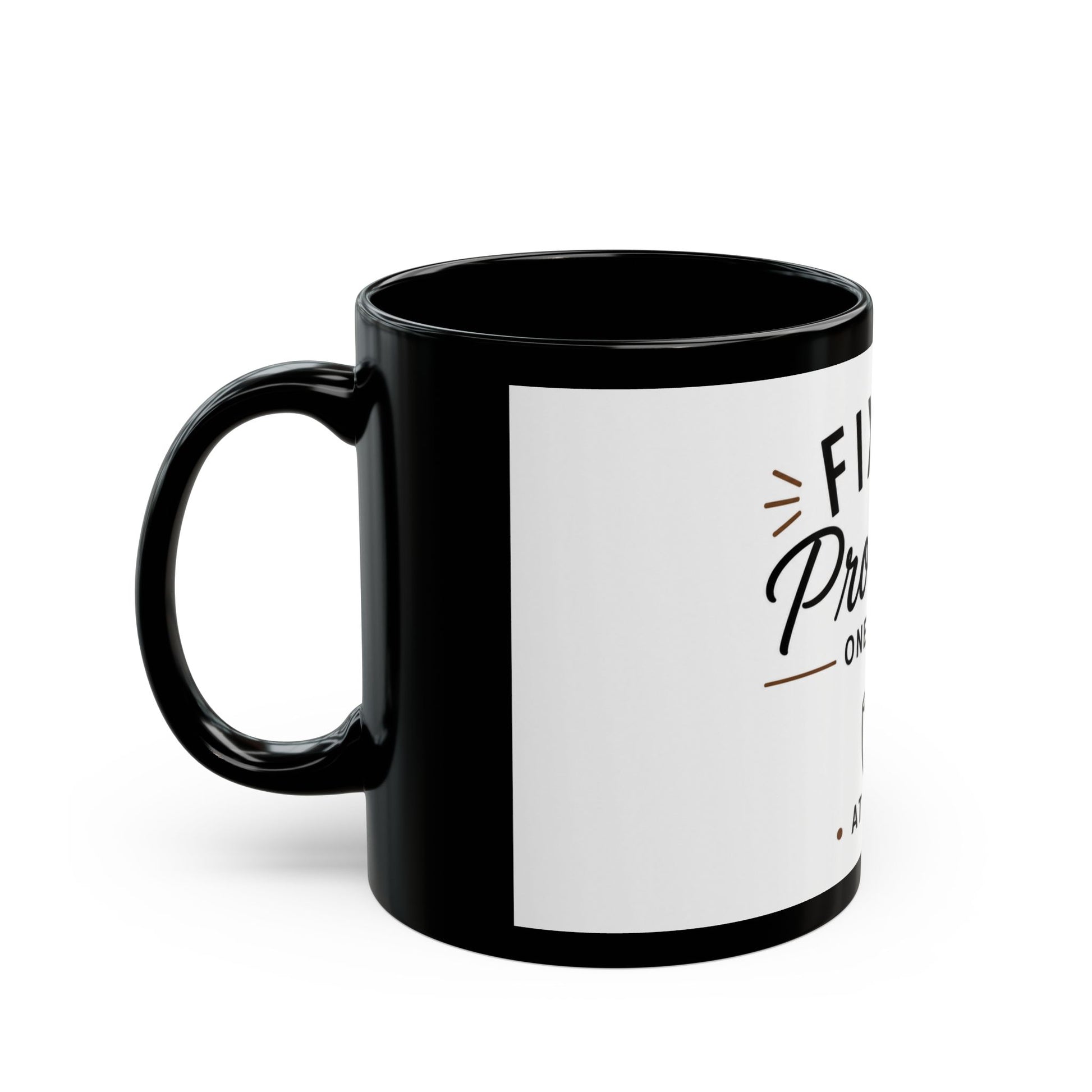 Right side view of humorous black ceramic coffee mug with Fixing Problems One Coffee at a Time quote