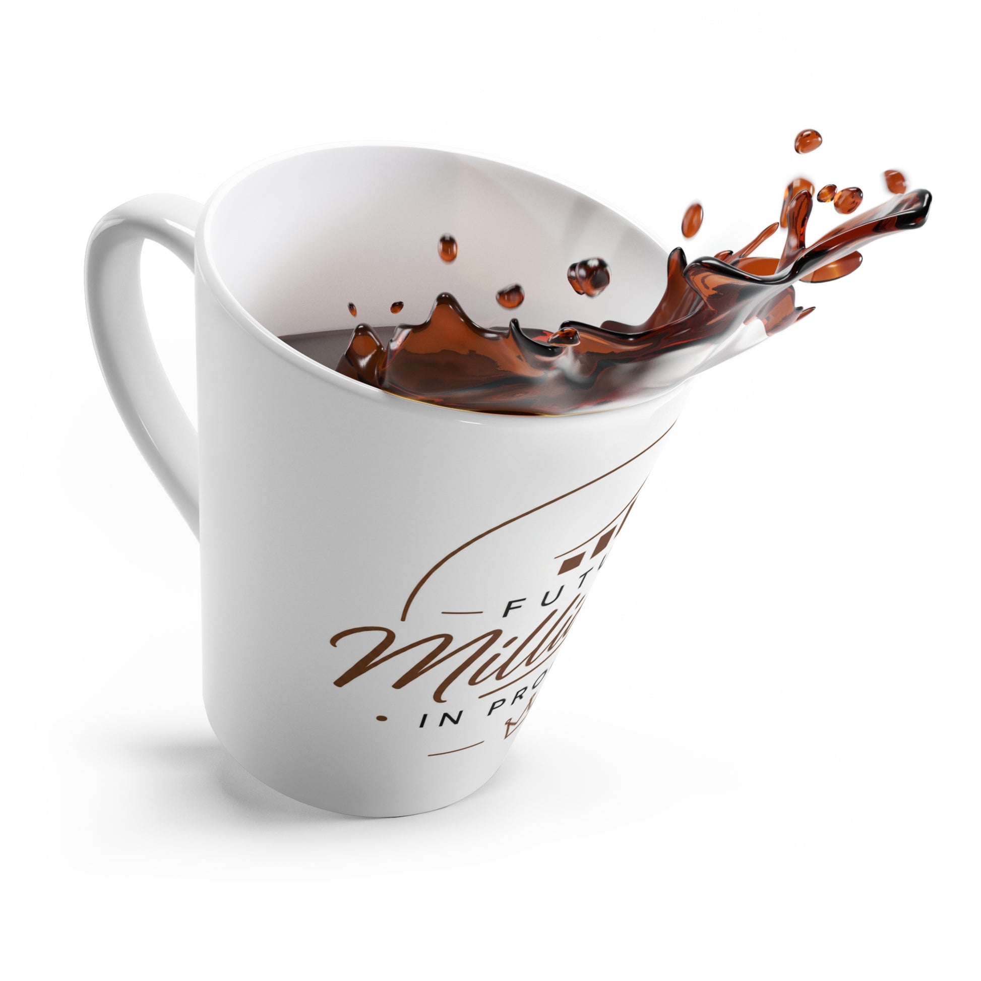 Cinematic lifestyle image of white motivational latte mug spilling coffee with business bar graph design and dramatic lighting