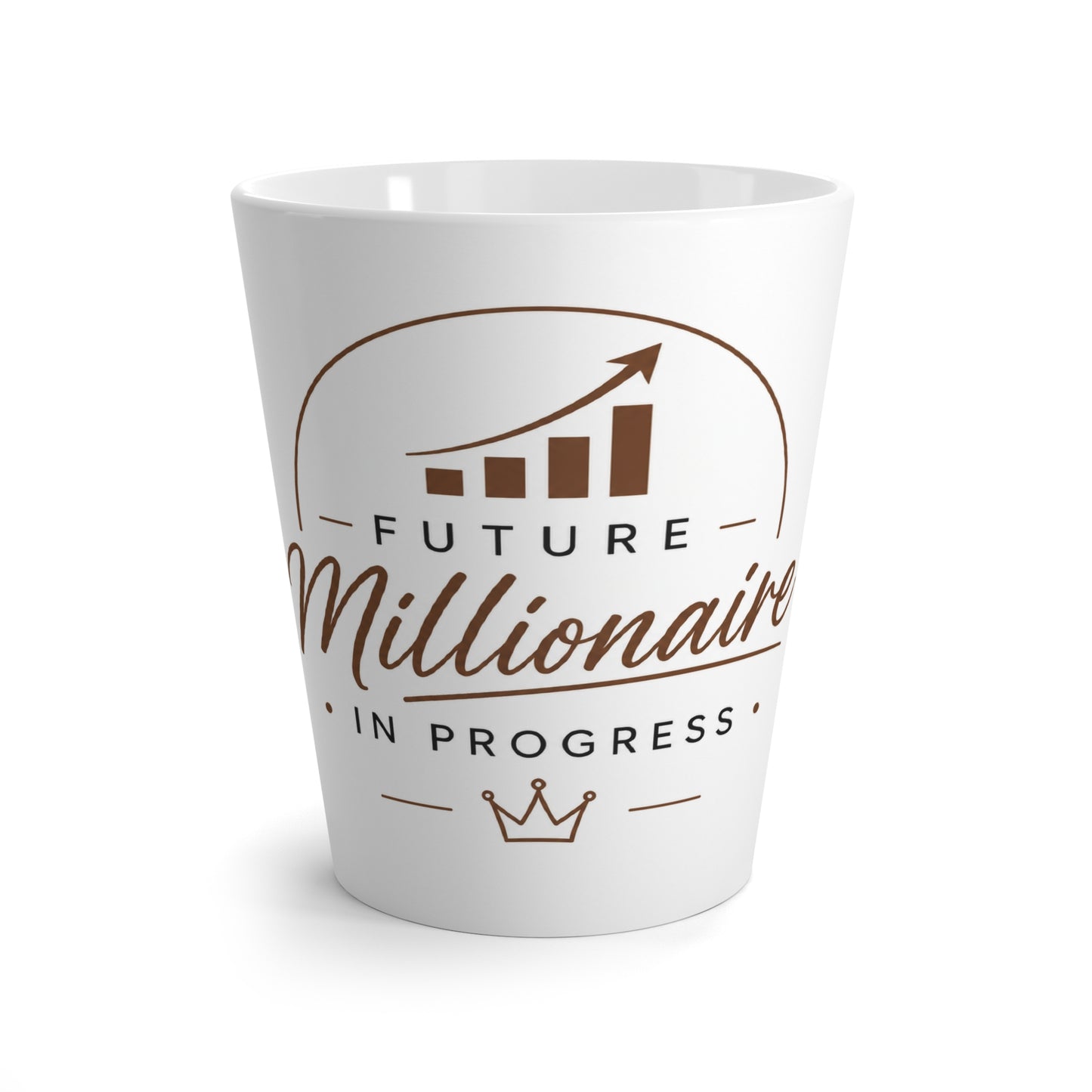 White latte mug featuring “Future Millionaire in Progress” with business bar graph motivational design front view