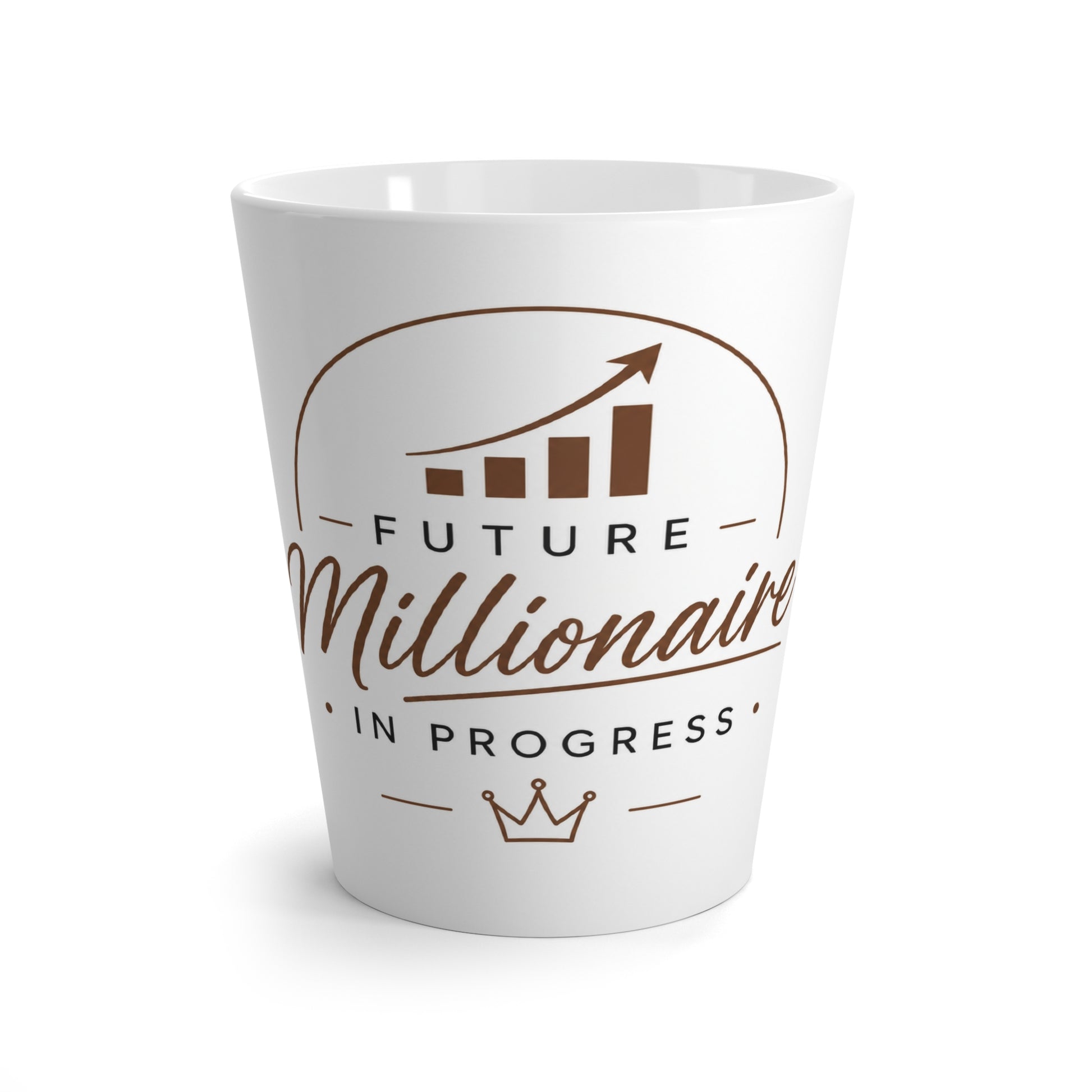 White latte mug featuring “Future Millionaire in Progress” with business bar graph motivational design front view