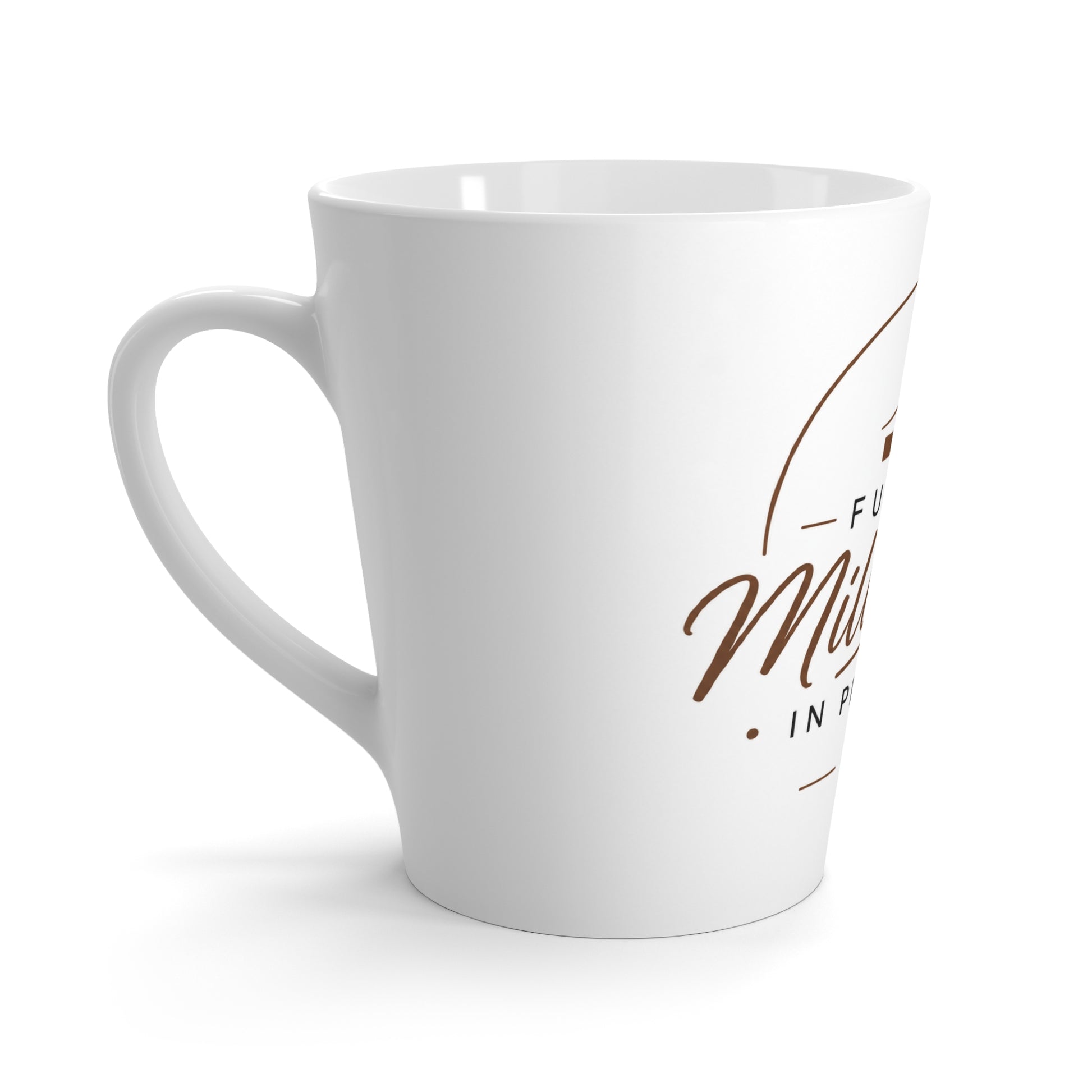 Left side view of Future Millionaire in Progress white latte mug with business bar graph design