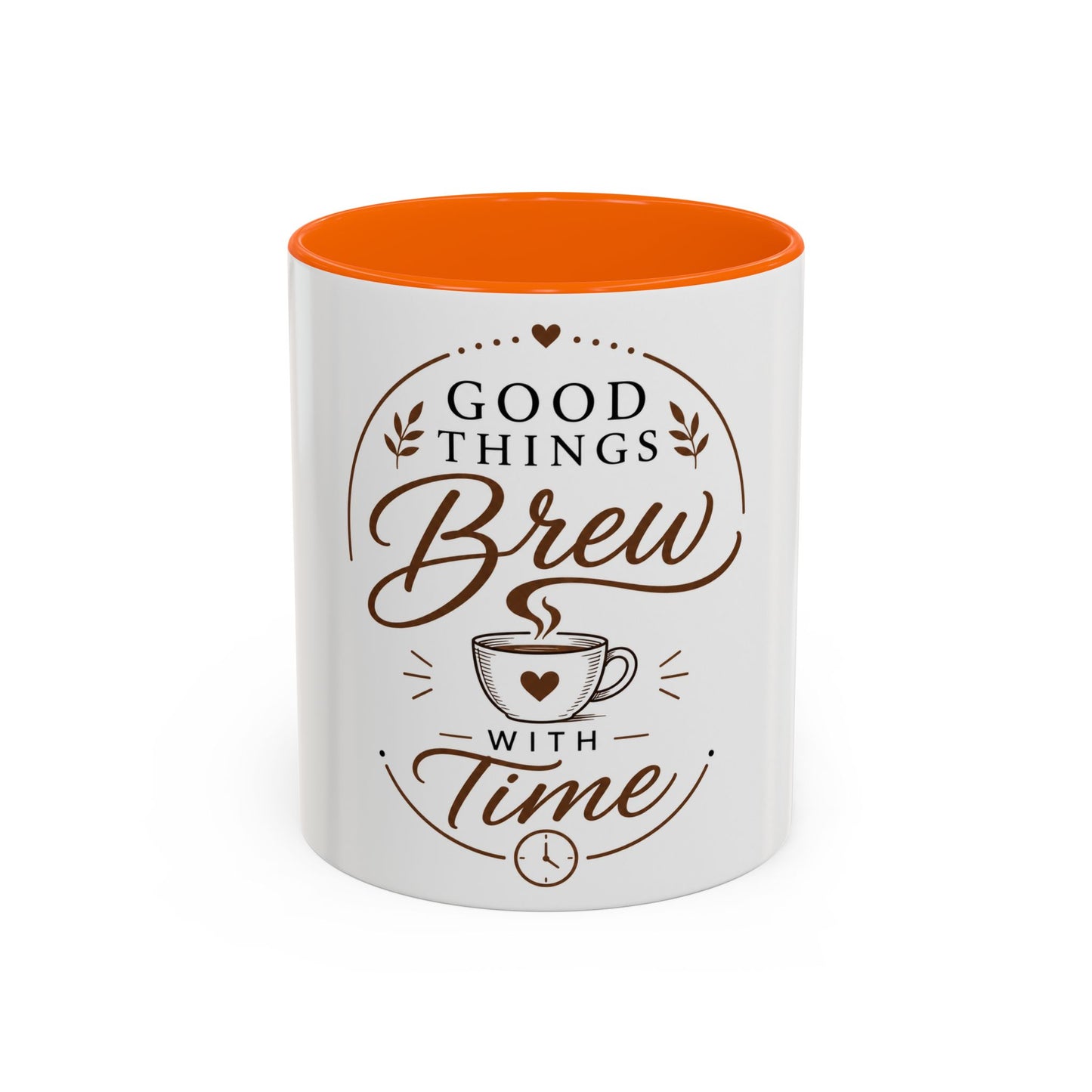 White mug with orange interior featuring Good Things Brew With Time coffee themed brown leaf design