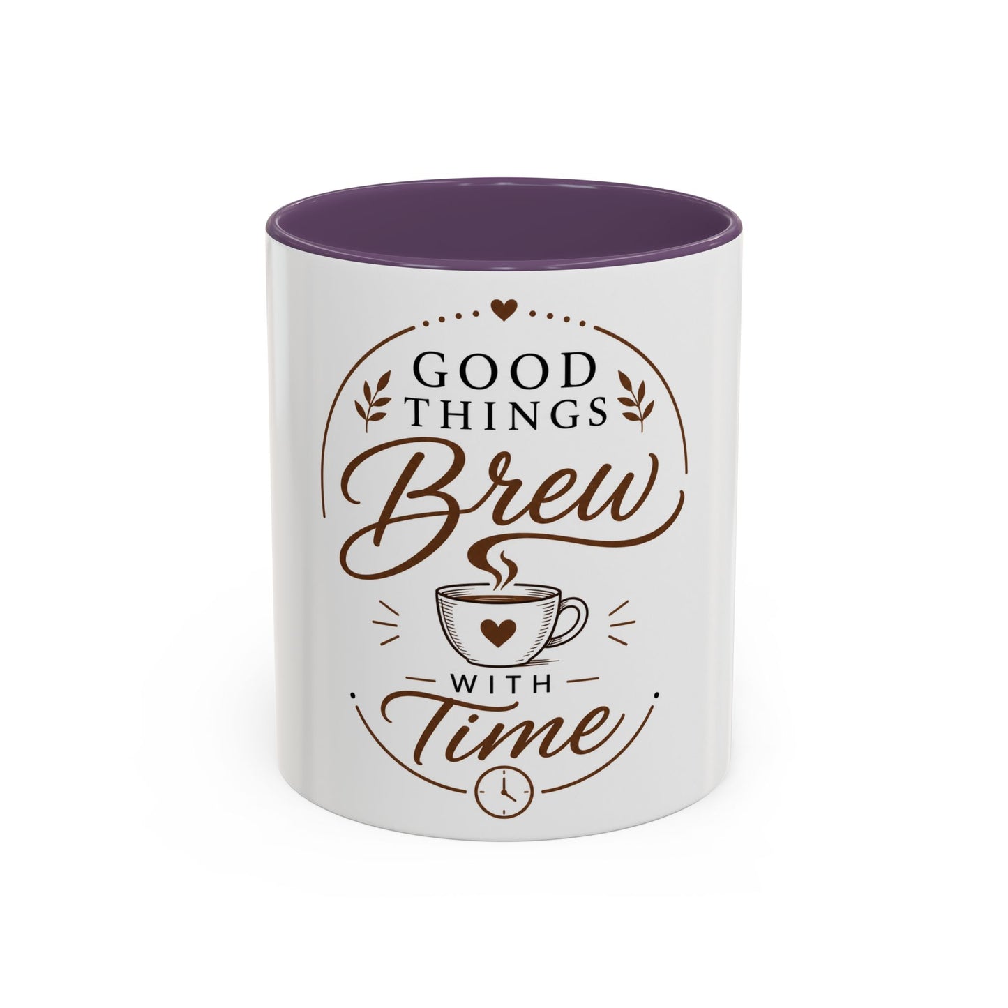 White mug with purple interior and Good Things Brew With Time coffee leaf inspirational artwork