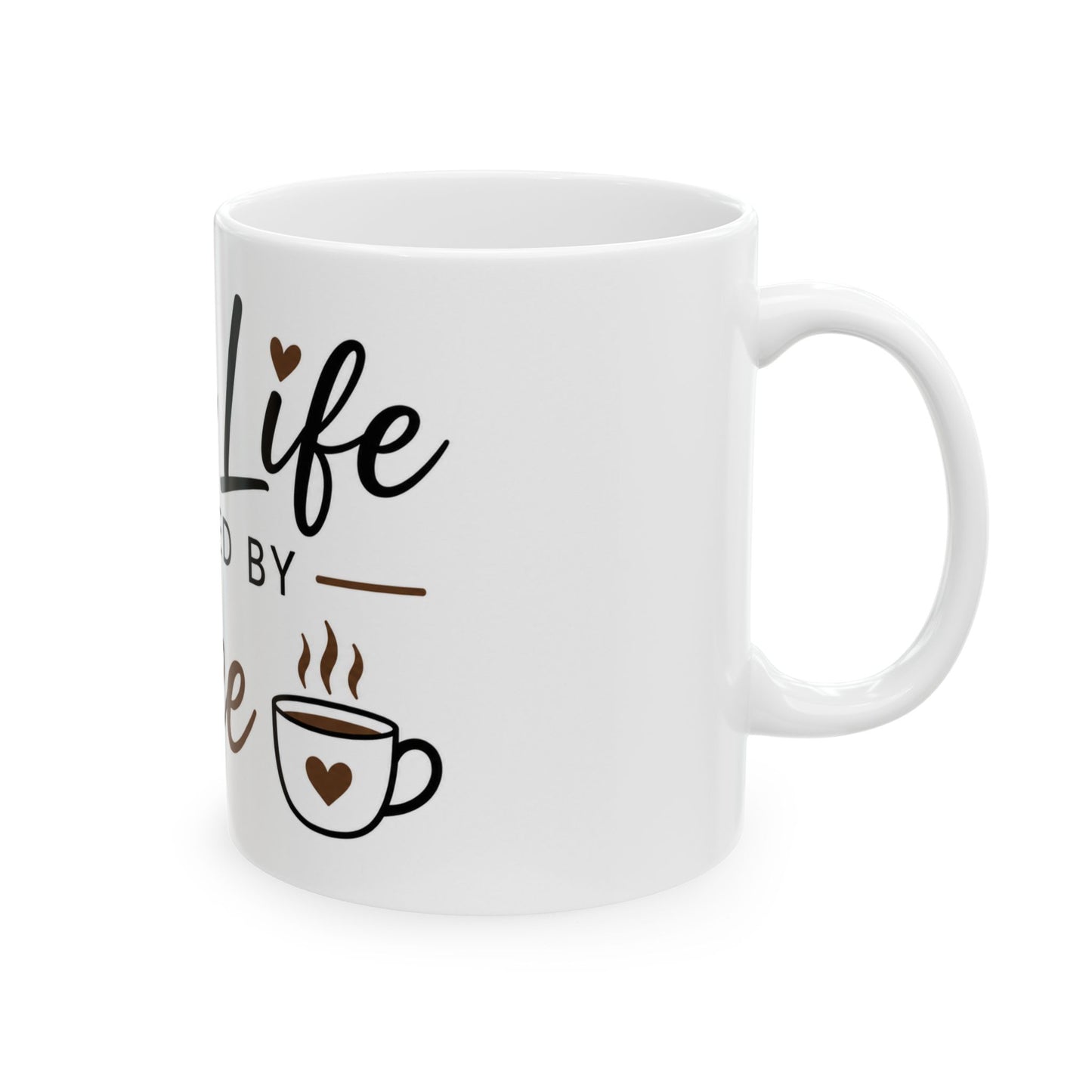 Right side view of Mom Life Powered by Coffee funny coffee mug for moms