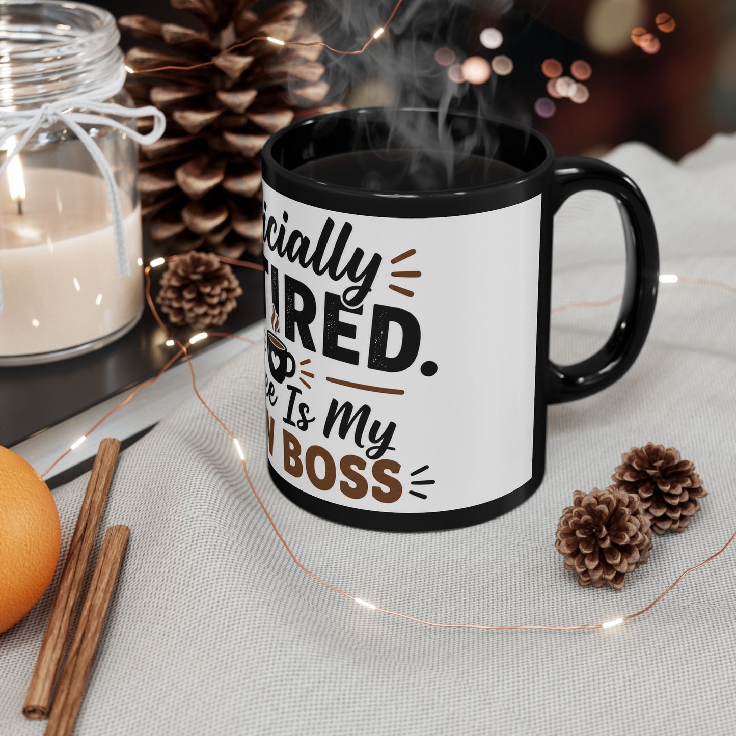 Retirement coffee mug on wooden table featuring Officially Retired Coffee Is My New Boss quote with morning coffee setting