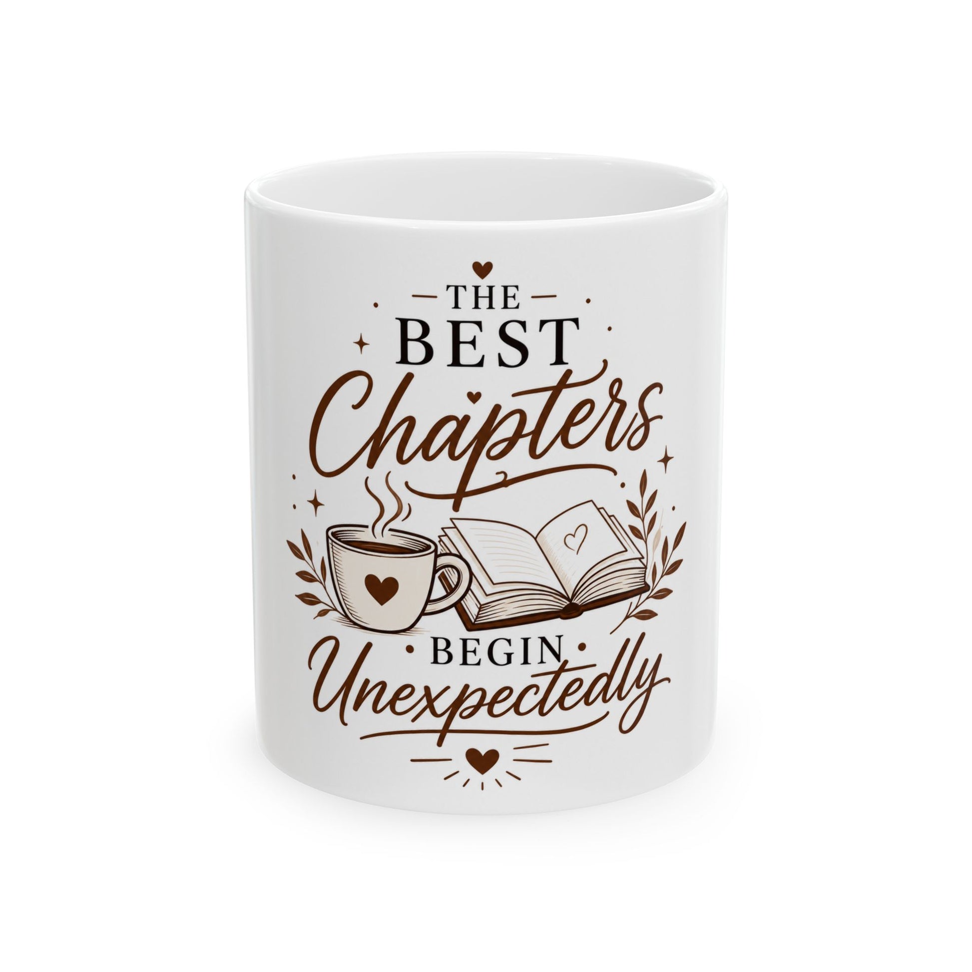 The Best Chapters Begin Unexpectedly black coffee mug front view with inspirational typography design