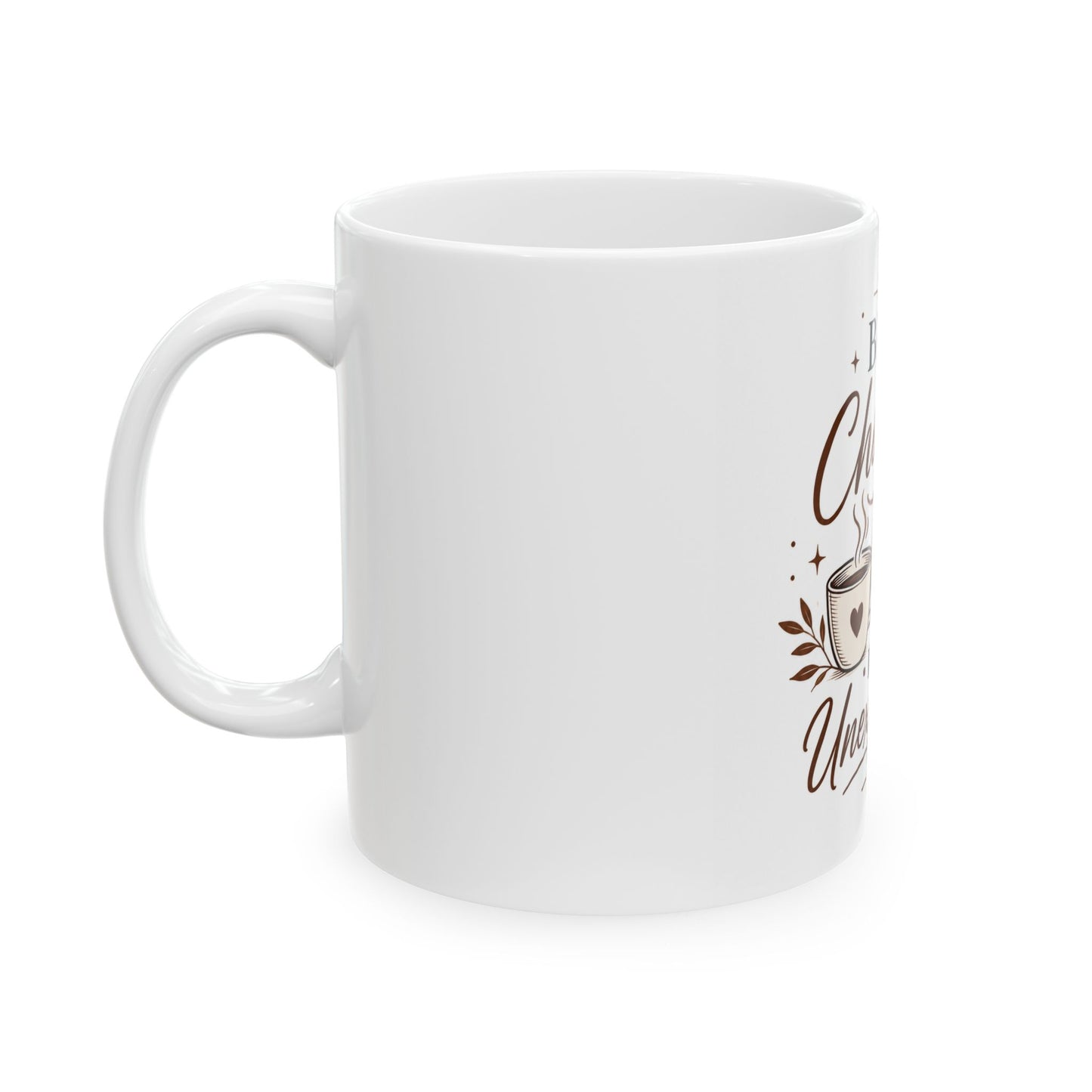 Left side view of The Best Chapters Begin Unexpectedly black ceramic coffee mug