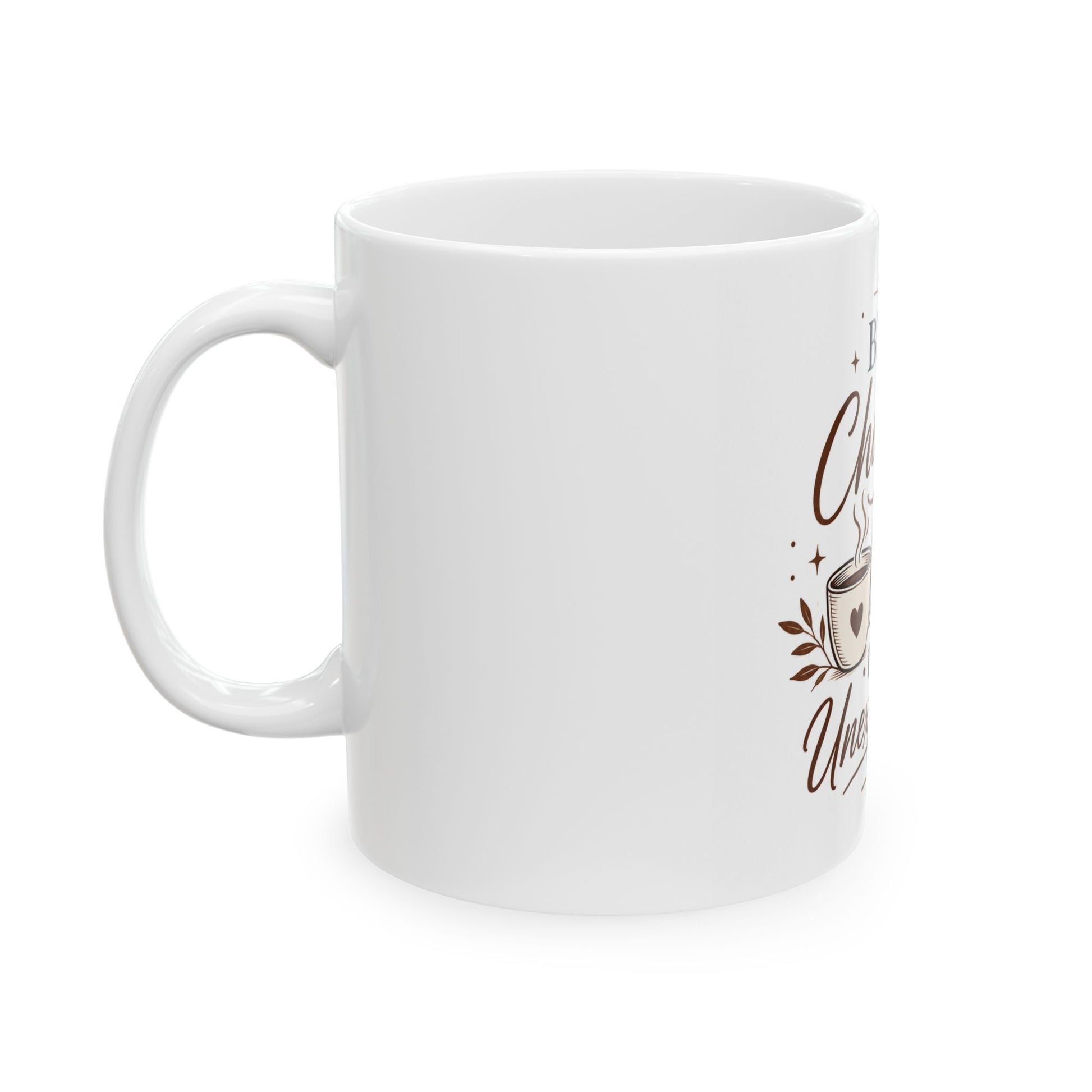 Left side view of The Best Chapters Begin Unexpectedly black ceramic coffee mug