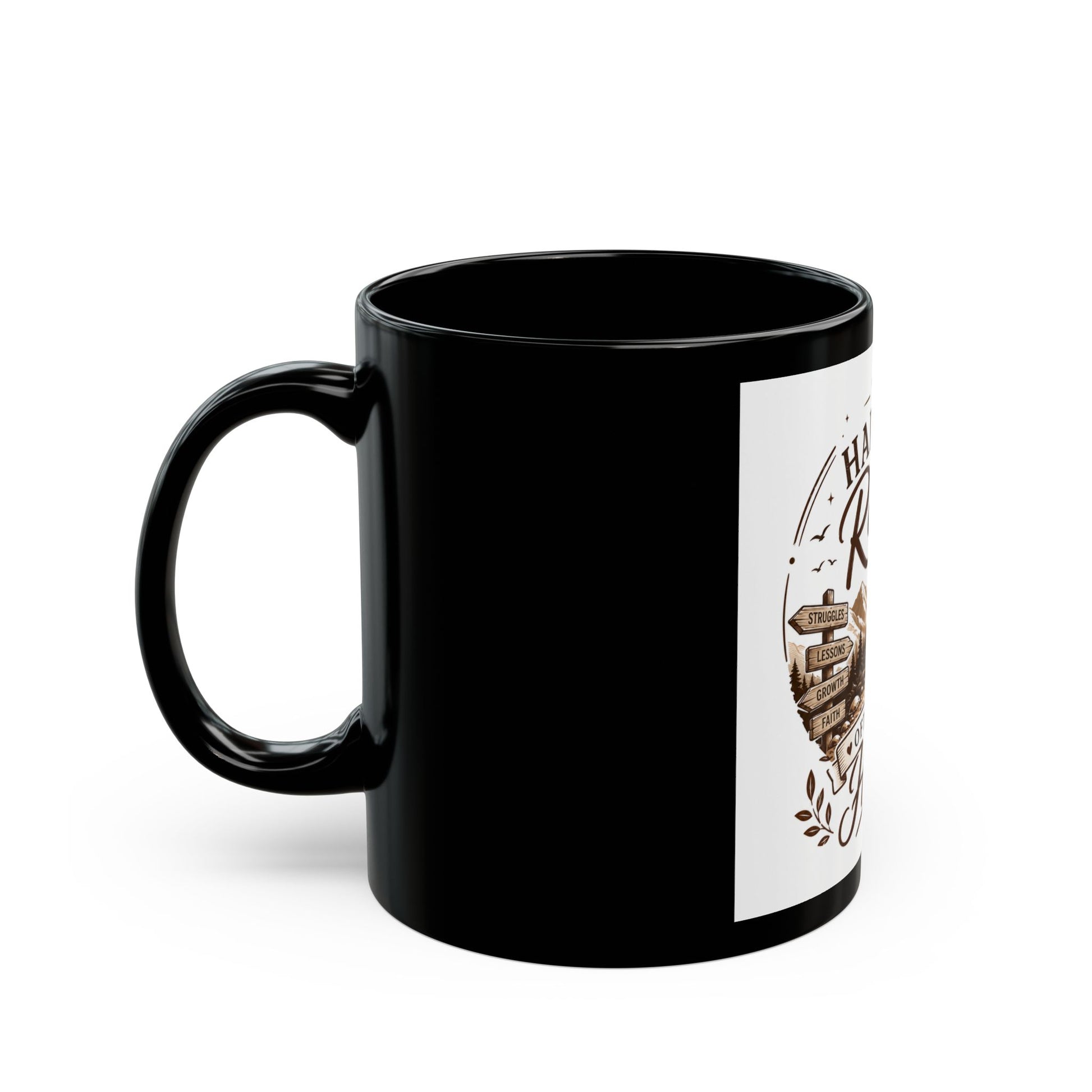 Black mug with a white side featuring a logo and text on a white background